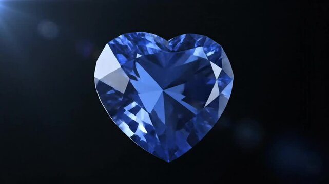 Heart-shaped blue gemstone reflecting light against a black background with lens flare, a precious symbol of love