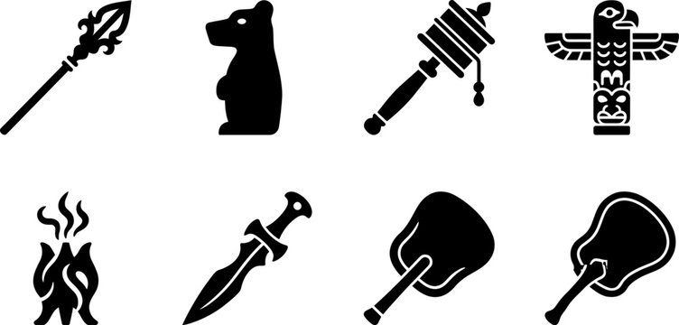 Shamanism and tribal ritual vector icons set featuring totem pole bear statue ceremonial dagger spear and prayer wheel