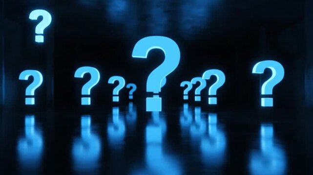 Futuristic Blue Question Marks Floating in Dark Space Reflecting on Shiny Floor, Abstract Concept
