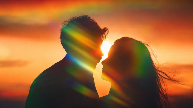 Loving couple silhouette face to face at dramatic sunset sky with colorful lens flare, romantic intimate lovers portrait