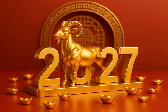 2027 Chinese New Year Year of the Goat Golden Concept with Traditional Sycee