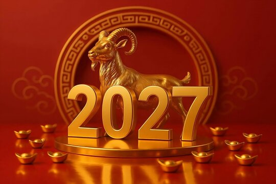 2027 Chinese New Year Year of the Goat Golden Concept with Traditional Sycee