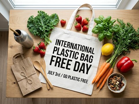 Fresh organic vegetables and reusable tote bag celebrating international plastic bag free day on wooden table