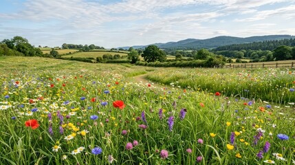 Obraz premium Vibrant wildflower meadow with rolling hills and mountains