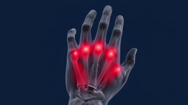 Anatomical illustration of human hand bones with red glowing pain points in joints representing arthritis