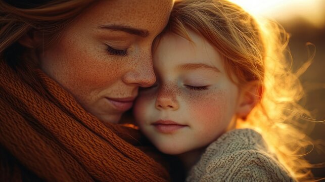 Close-up of a freckled woman in a warm scarf embracing a small blonde child in a knitted sweater, backlit by golden hour sunset, tender and peaceful moment of maternal comfort