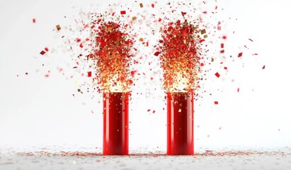 Fototapeta premium Two red party poppers erupting red and gold confetti and sparkles on a white background, joyful festive celebration