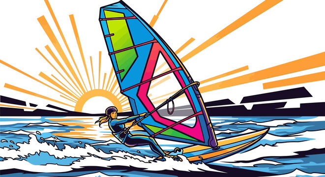 Colorful graphic illustration of a windsurfer riding ocean waves during a vibrant sunset.