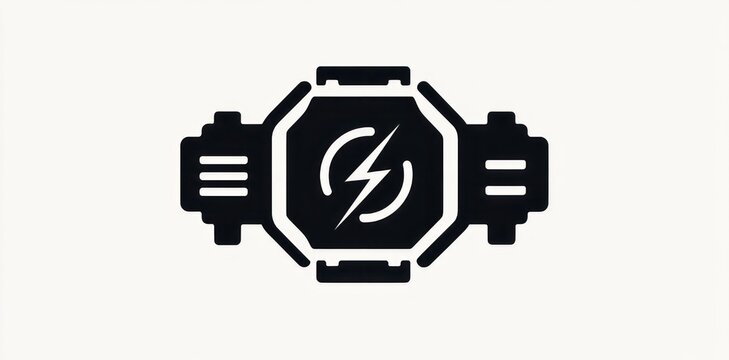 bold black power core icon with central lightning bolt, octagonal casing and symmetrical side connector modules conveying energy and futuristic strength
