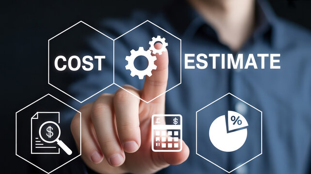 Businessman interacting with cost estimate interface on virtual screen