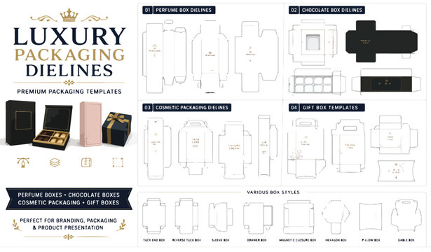 Luxury packaging dielines set, premium box templates for perfume and cosmetics, professional gift box vector layouts for branding