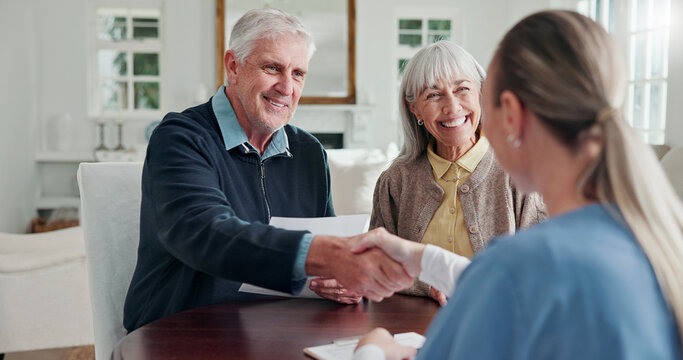 Senior, people or handshake with nurse for homecare admission form, enrollment plan or happy. Consulting, caregiver or shaking hands with pensioner for medicare application, consent or long term care