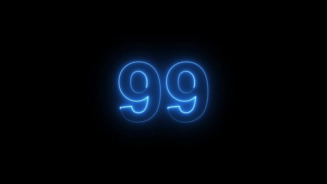 Glowing blue neon number 99 countdown timer on black background, digital display animation for motion and event intros