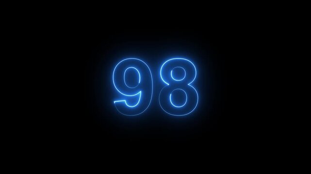 Glowing neon number 98 countdown animation, electric blue digital timer symbol on black background, for motion and broadcast