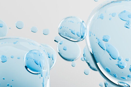 Abstract cosmetic serum bubbles with transparent gel texture blue background. Hydrating skincare concept with moisturizing liquid droplets and copy space for beauty branding. Close up macro drops.	
