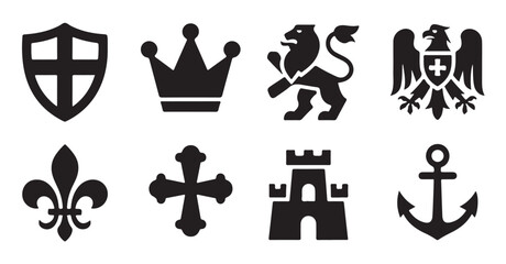 Medieval heraldic symbols set including shield crown lion eagle fleur de lis and fortress. © MDNAZMUL