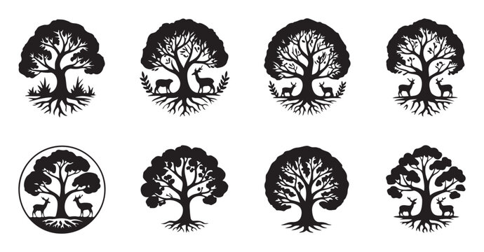 Vector illustrations of trees featuring deer silhouettes within natural surroundings.