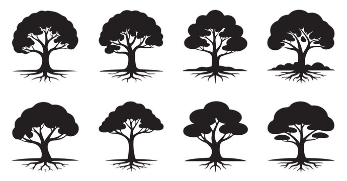 Set of black tree silhouettes with roots system for environment and ecology related design.