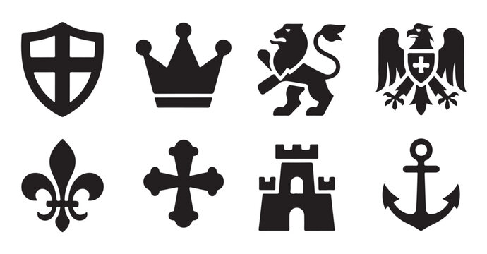 Medieval heraldic symbols set including shield crown lion eagle fleur de lis and fortress.