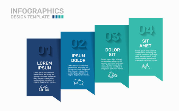 Modern business infographic template featuring four overlapping colorful vertical blocks with line icons. Vector illustration.