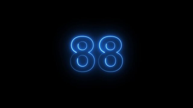 Neon blue number 88 glowing on black background, digital countdown timer animation, modern technology for broadcast and motion