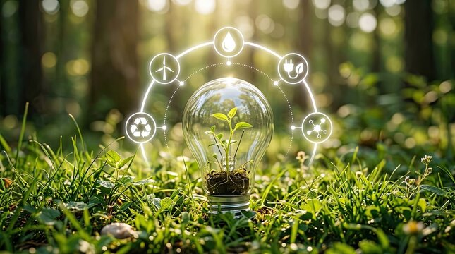 Sustainable eco friendly technology concept with lightbulb and green sprout in forest