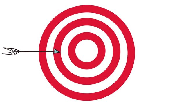 An off-camera athlete fired a bow at a large target with red circles. The arrow hit only the outer zone.