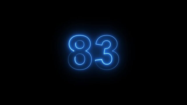 Glowing neon number 83 countdown timer, electric blue digital signage for motion and broadcast