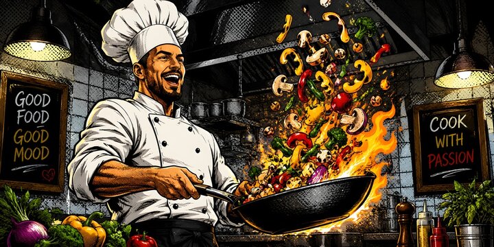 Professional chef tossing vegetables in a flaming wok, energetic kitchen scene with fire and flying ingredients, culinary passion and gourmet cooking