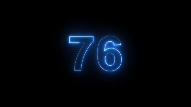 Glowing neon number 76 animation, electric blue digital countdown timer, futuristic light effect on black background, for motion and editing