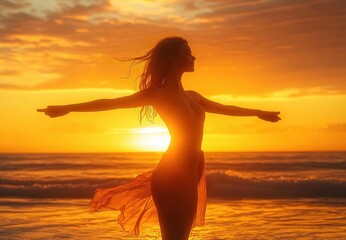 Fototapeta premium woman silhouetted on a beach at golden sunset with arms outstretched and flowing skirt, ocean waves and glowing sky, radiating freedom and serene joy