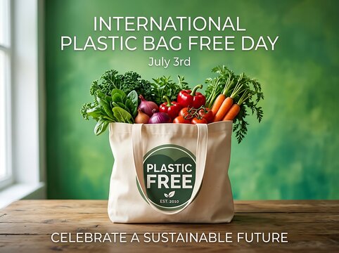 Fresh organic vegetables in a reusable tote bag celebrating international plastic bag free day for sustainability awareness