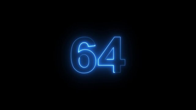 Glowing neon number 64 animation, blue digital countdown timer, futuristic cyberpunk for motion and broadcast overlay