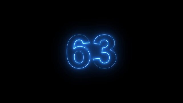 Glowing neon number 63 countdown timer with pulsing blue light effect on black background sixty-three