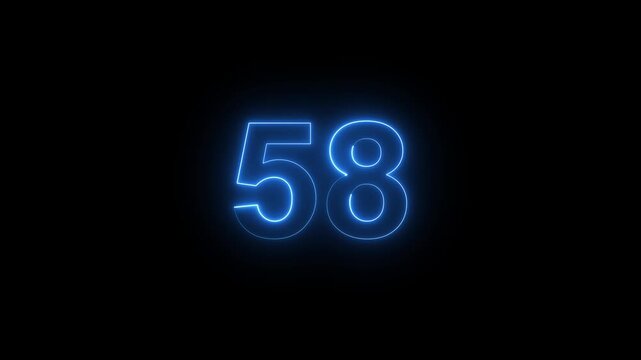 Glowing neon number 58 countdown animation, electric blue digital timer for event openers and motion