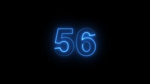 Glowing neon number 56 countdown timer, electric blue digital display for motion and event intros fifty-six
