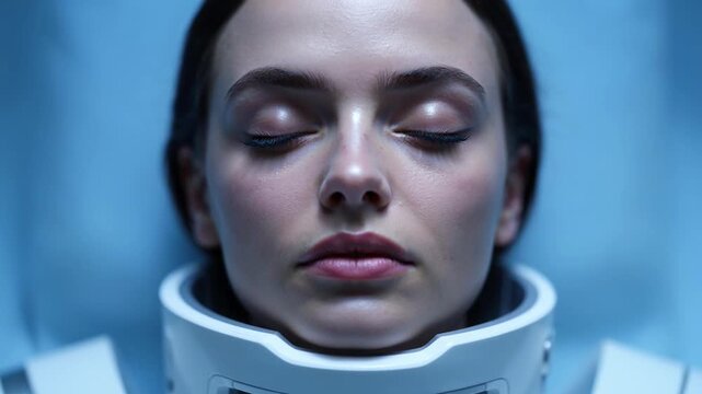 Cinematic close-up of a woman with closed eyes wearing a futuristic white collar and suit