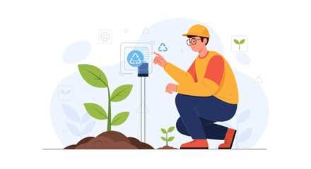 Fototapeta premium Agronomist uses technology to monitor plant growth and promote sustainable agriculture with recycling symbol