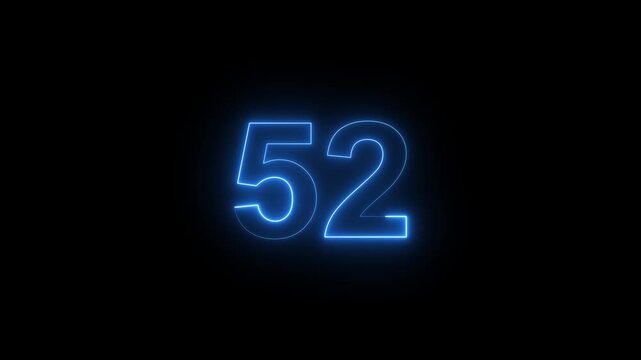 Neon blue glowing number 52 countdown timer, digital hud for motion and broadcast