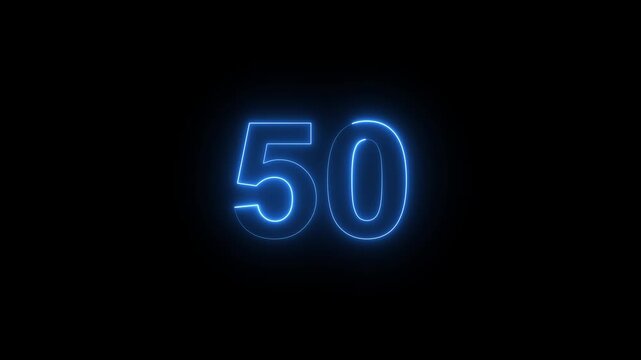 Glowing neon number 50 countdown animation, electric blue digital signage on black background, fifty