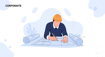 Obraz premium Architect or Engineer working on blueprints, concept of construction, planning, and design, flat vector illustration.