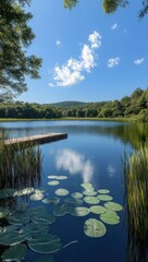 Fototapeta premium Tranquil lakeside scene with lily pads, wooden dock, reed-fringed shoreline, forested hills and a single cloud reflected in calm blue water