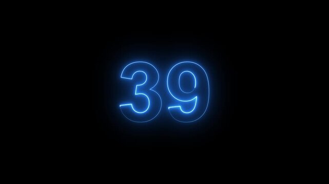 Neon blue number 39 glowing countdown timer animation on black background, for digital and, motion
