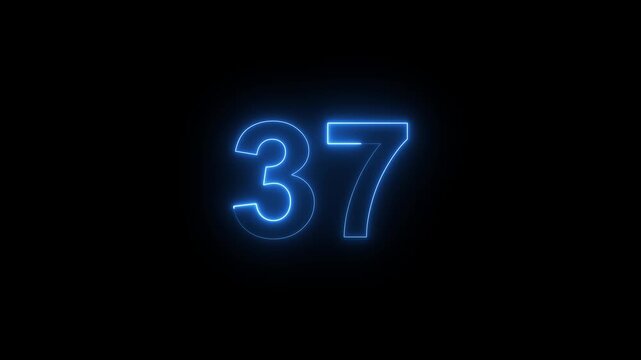 Neon blue number 37 glowing countdown timer animation on black background, digital signage for motion and modern broadcast
