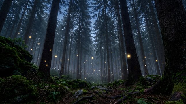 Enchanted forest with glowing fireflies at dusk
