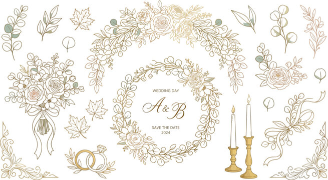 Elegant wedding elements with flowers, leaves, and candles in gold, peach, and green hues for save the date cards and wedding decorations, featuring a beautiful floral wreath design.