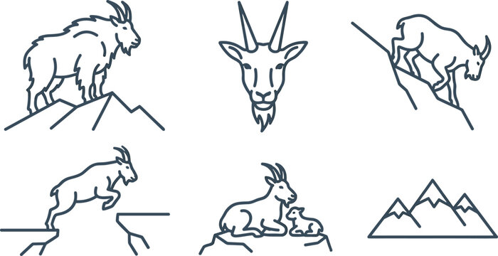 Mountain Goat and Wild Ibex Line Icon Set Featuring Animals Climbing Slopes Jumping Chasms and Alpine Peaks Symbols for Nature Travel Designs