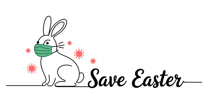 Cute easter bunny wearing a medical face mask with virus icons