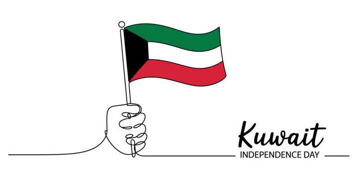 Hand holding kuwait flag for kuwait independence day one line art drawing