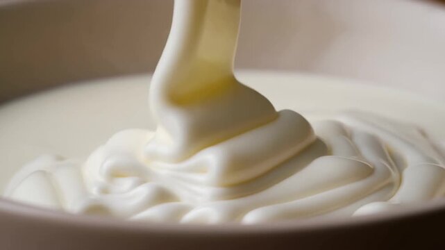 Slow motion close up of cream pouring into white bowl in kitchen studio